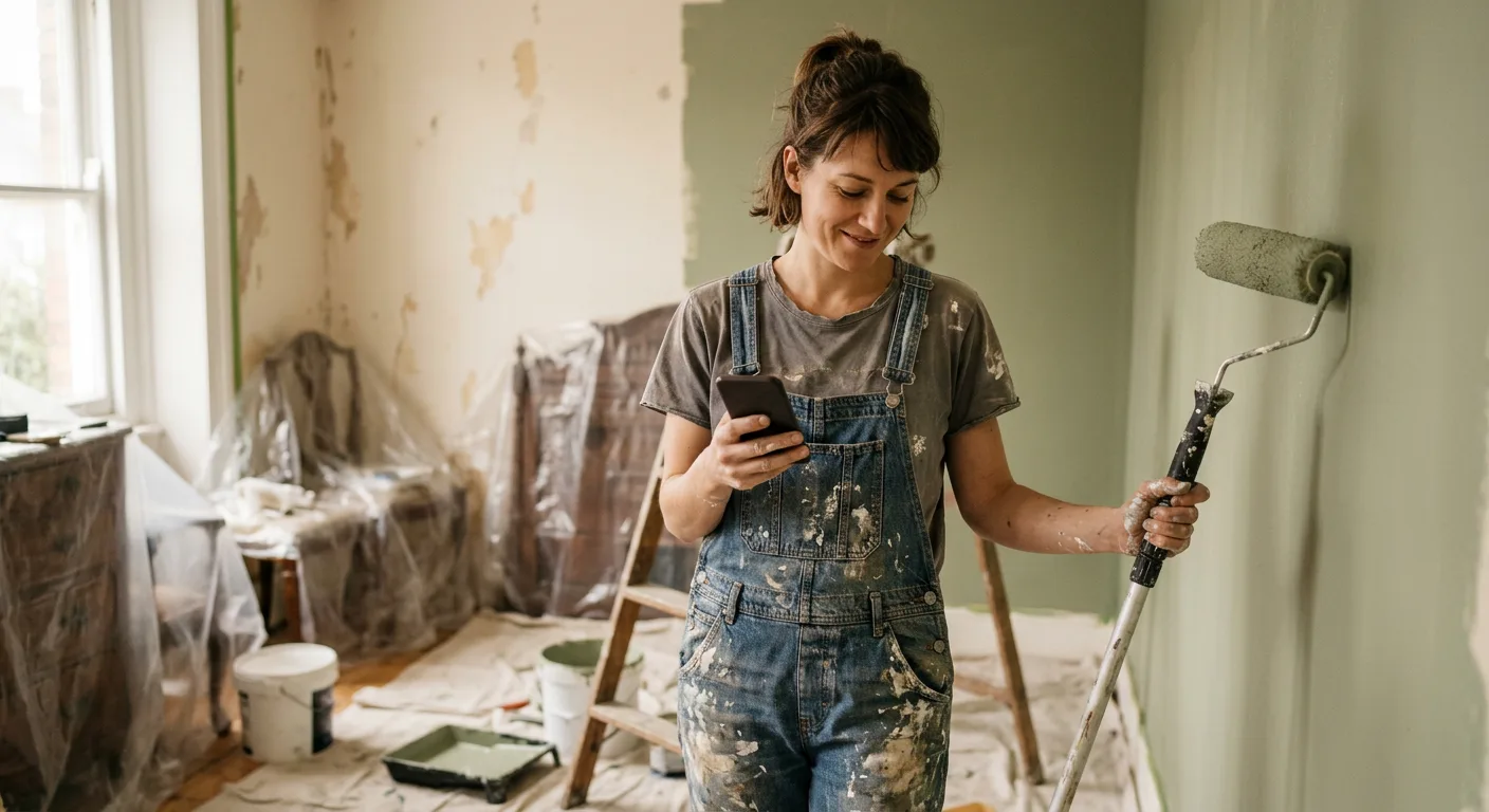 Peintre en bâtiment tenant son téléphone