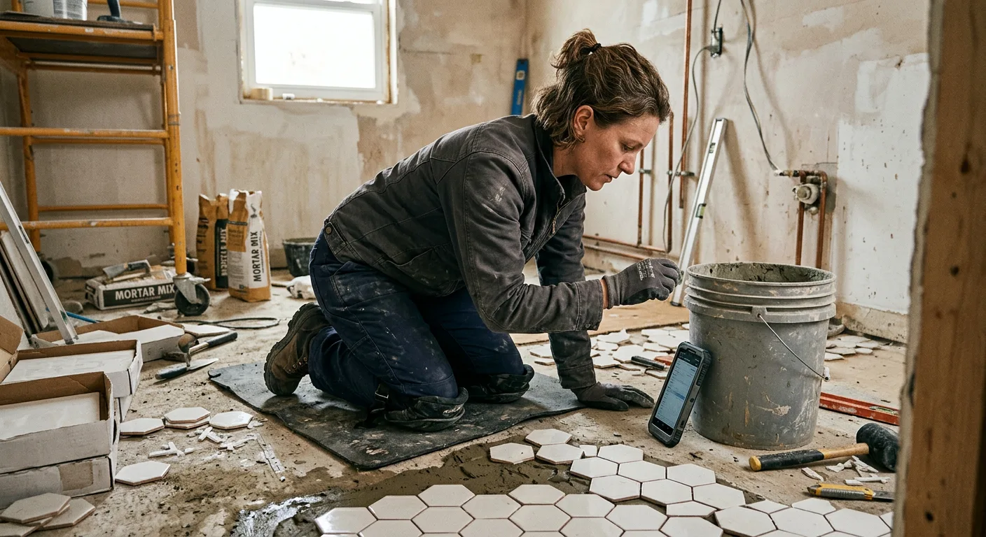Carreleur consultant son téléphone sur un chantier