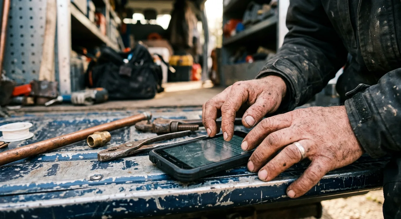 Mains d'un plombier tapant sur l'écran d'un téléphone