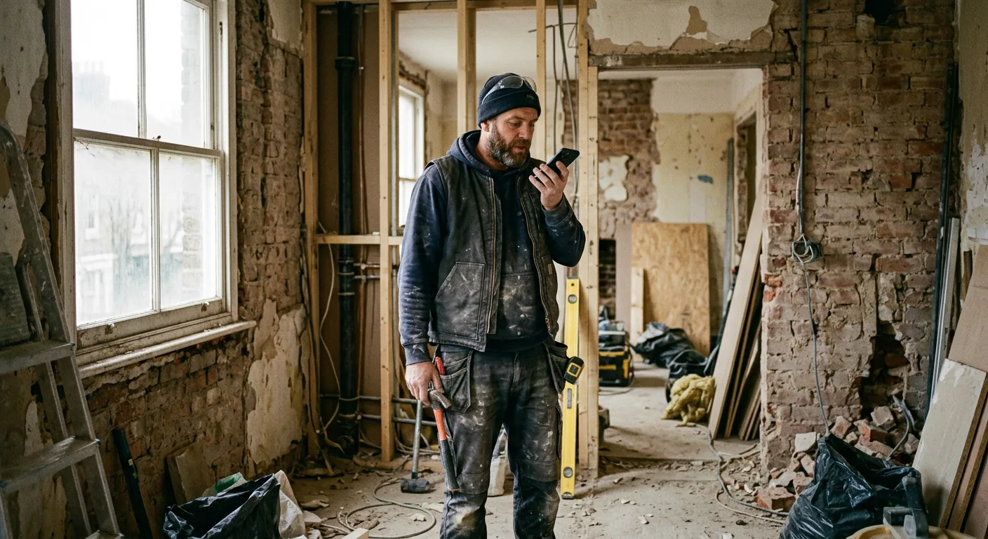 Artisan expliquant une ligne de travail à voix haute, téléphone en main